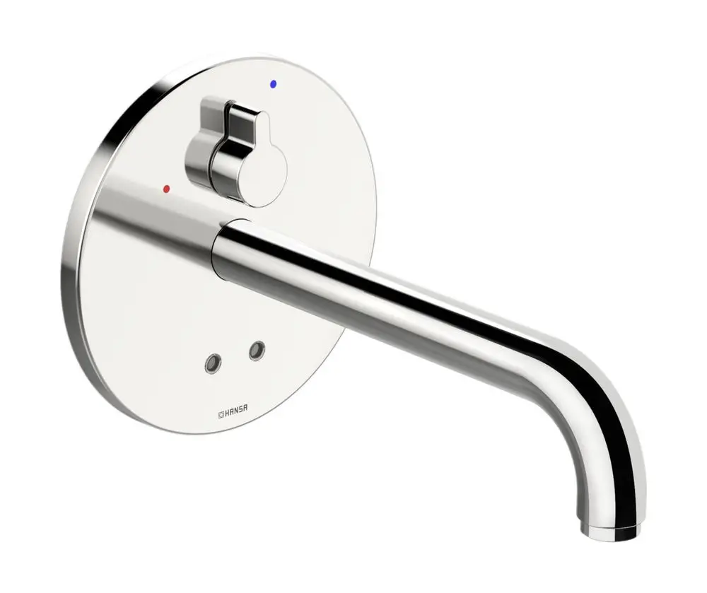 Waschtischarmatur mit runder Rosette, verchromt. Steuerknopf für Temperaturregelung, in Hansa-Qualität. Ausladung für Wasserfluss vorhanden.
